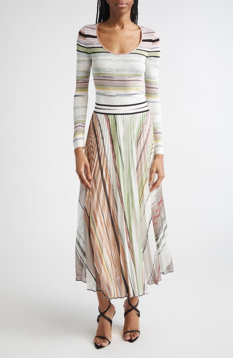 Flame Space Dye Stripe Pleated Long Sleeve Knit Dress
