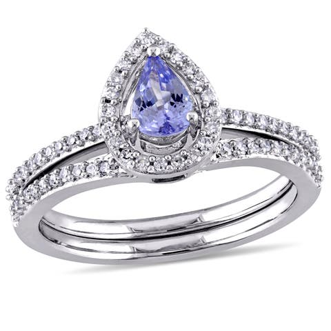 Tanzanite & Diamond Pear Halo Bridal Ring Set