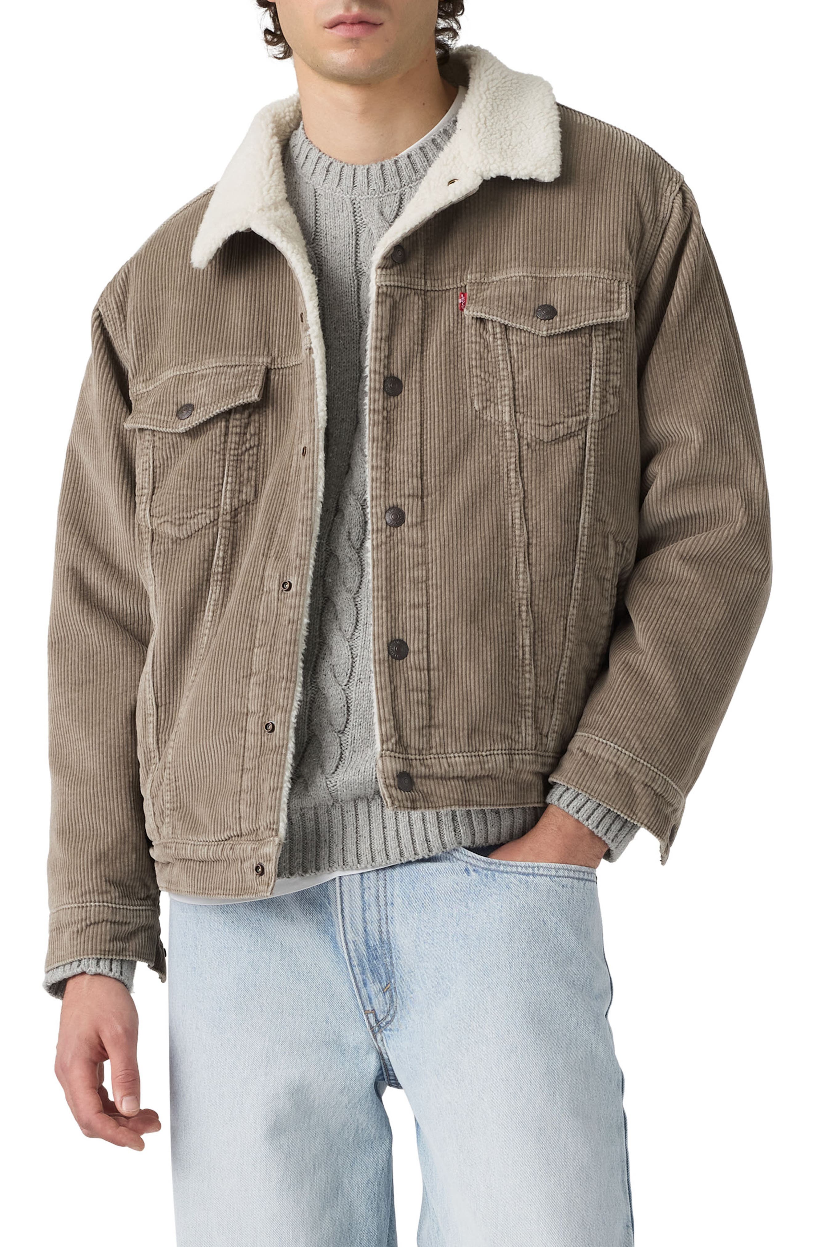 Relaxed Fit Faux Shearling Lined Corduroy Trucker Jacket