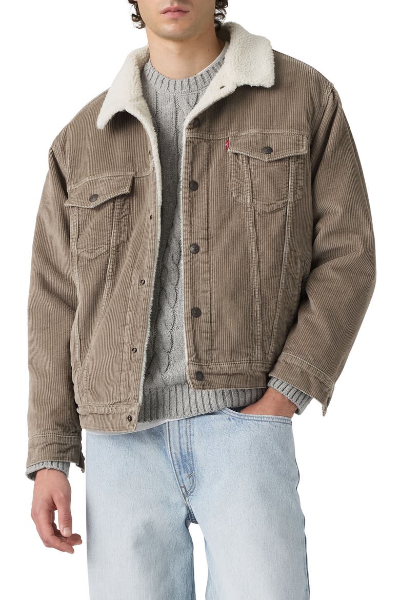 Relaxed Fit Faux Shearling Lined Corduroy Trucker Jacket, Main, color, BRINDLE