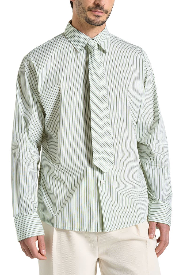 Dylan Unisex Pinstripe Long Sleeve Shirt With Detachable Tie, Alternate, color, Sage