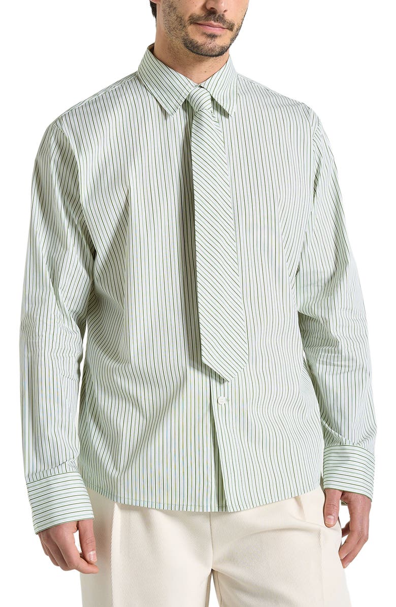 Manière De Voir Dylan Unisex Pinstripe Long Sleeve Shirt With Detachable Tie, Alternate, color, Sage