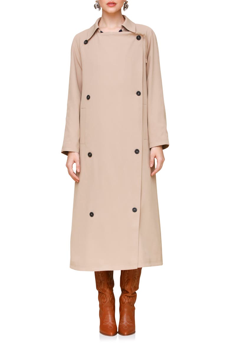 Waterfall Drape Front Double Breasted Trench Coat, Alternate, color, KHAKI