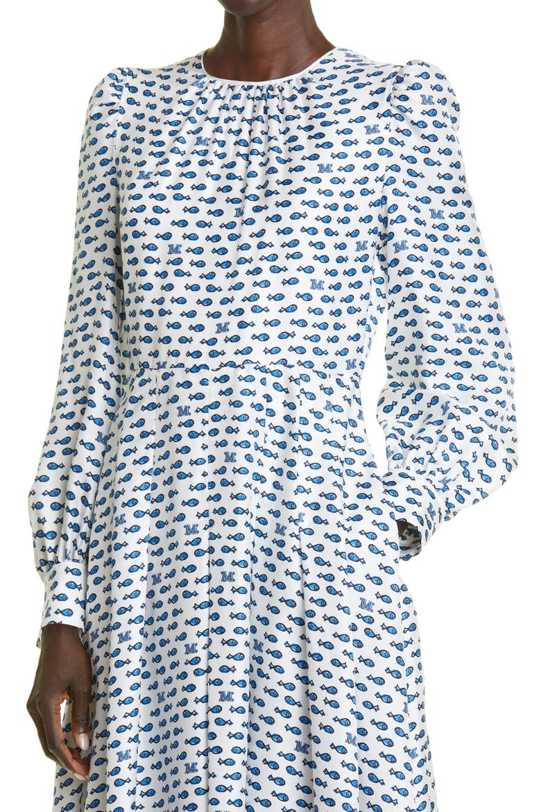 Pareo Fish Print Long Sleeve Silk Fit & Flare Dress, Alternate, color, OPTICAL WHITE