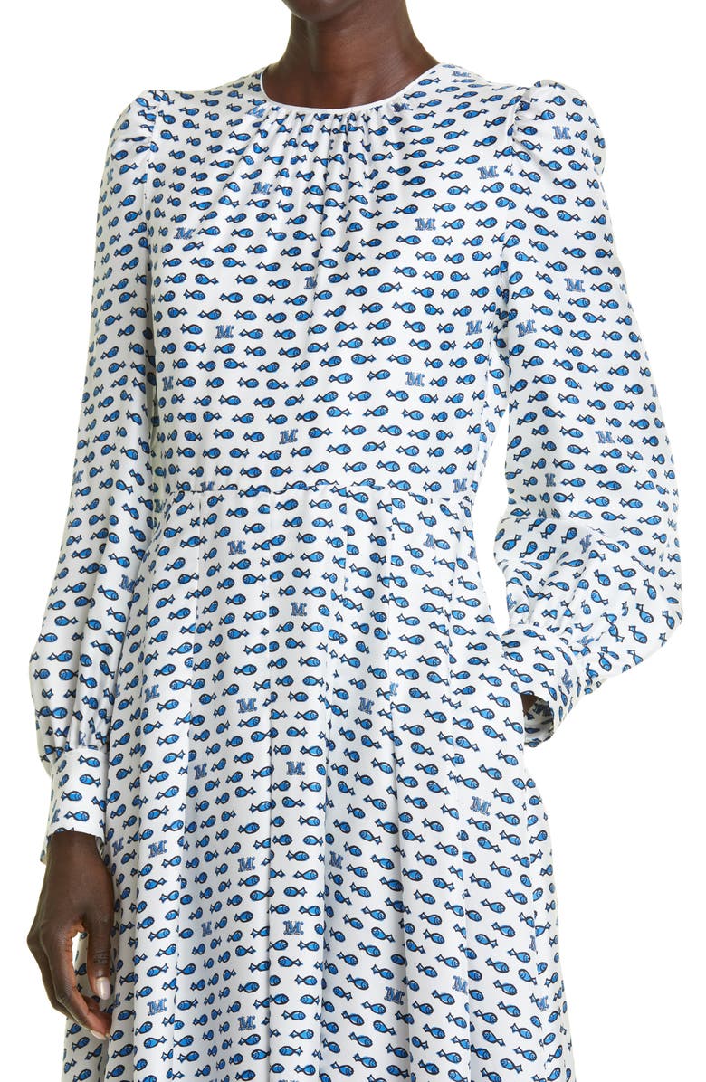 Max Mara Pareo Fish Print Long Sleeve Silk Fit & Flare Dress, Alternate, color, 