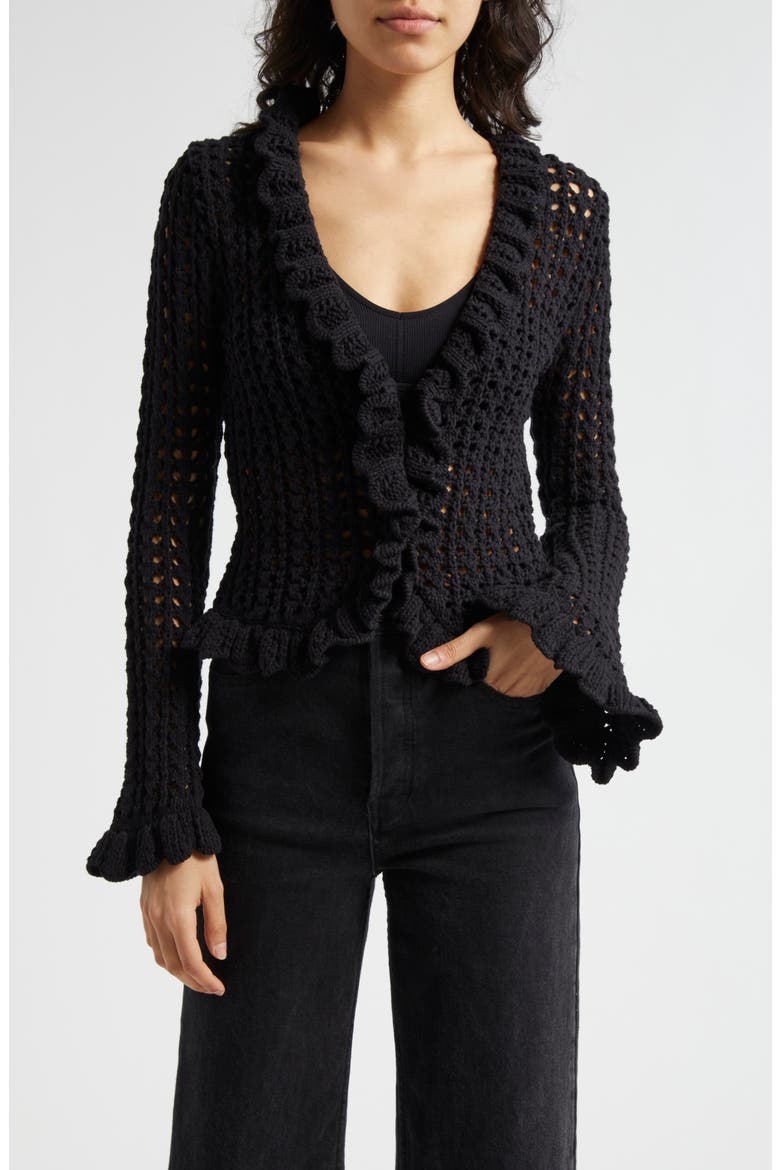 Solaris Open Stitch Cotton Blend Cardigan, Main, color, BLACK