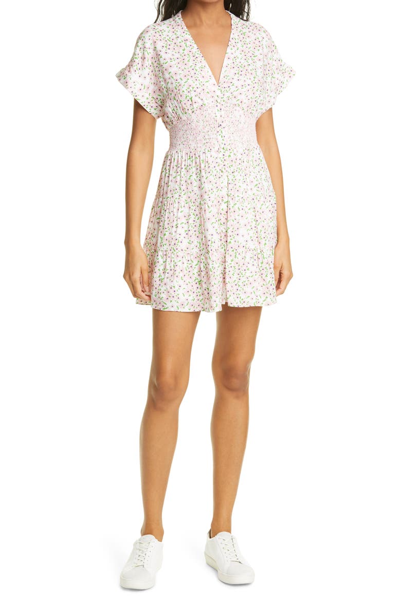 Keela Floral Smocked Minidress, Main, color, MONTEREY DITSY SOFT WHITE