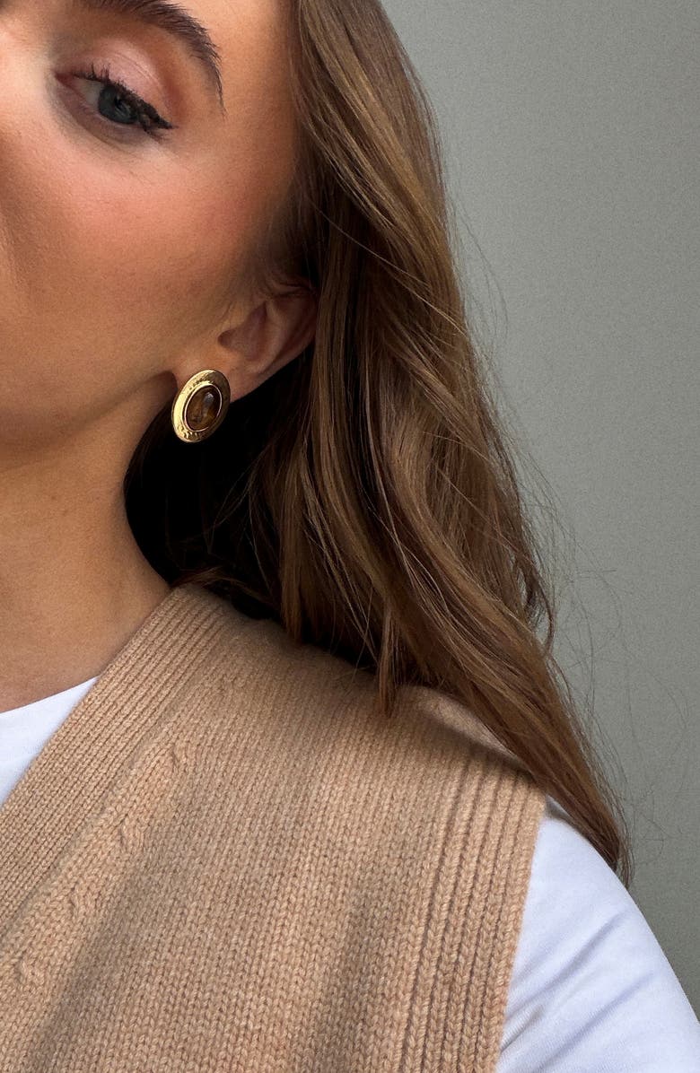 BaubleBar Samira Tiger's Eye Stud Earrings, Alternate, color, Gold/ Brown