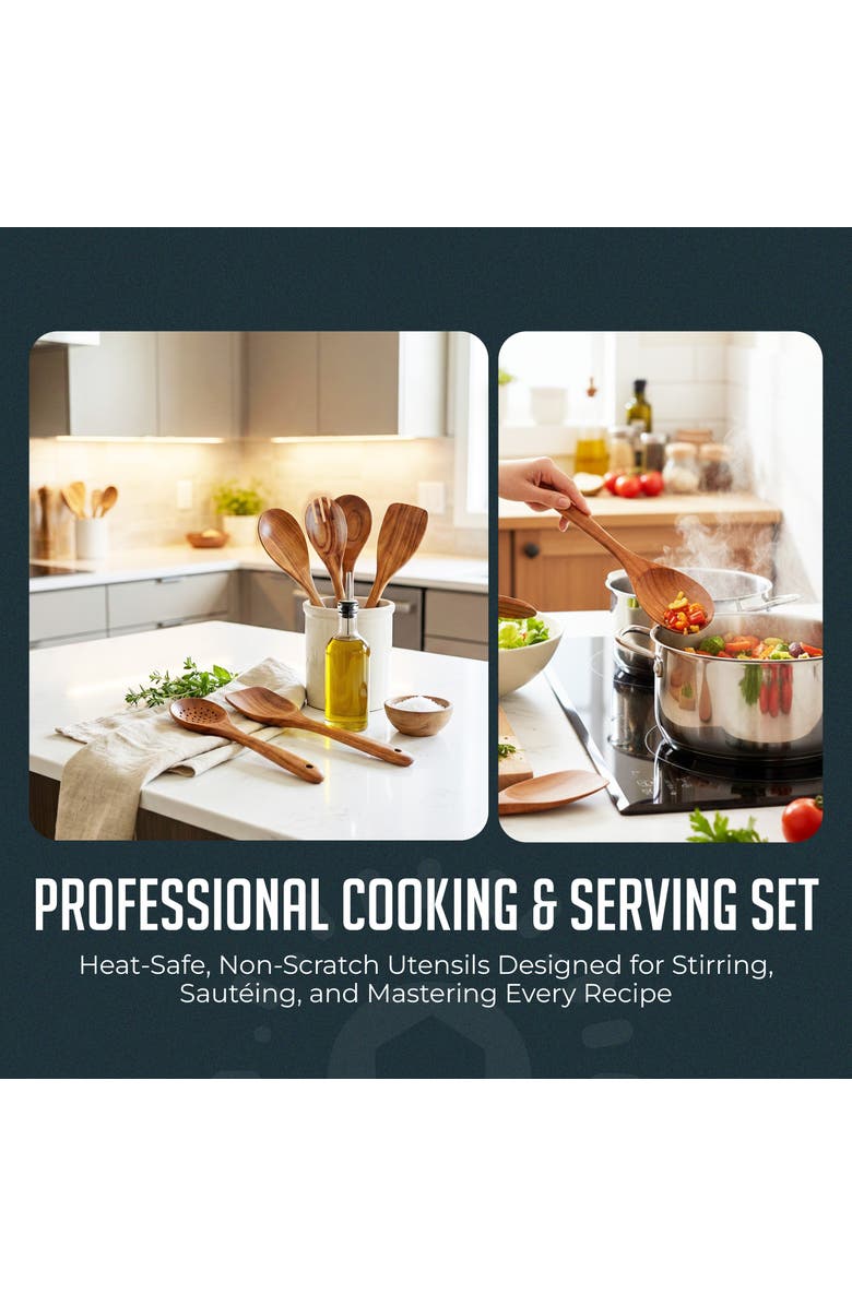 Luminuxe Premium Natural Teak Wood Kitchen Utensil Set, Alternate, color,