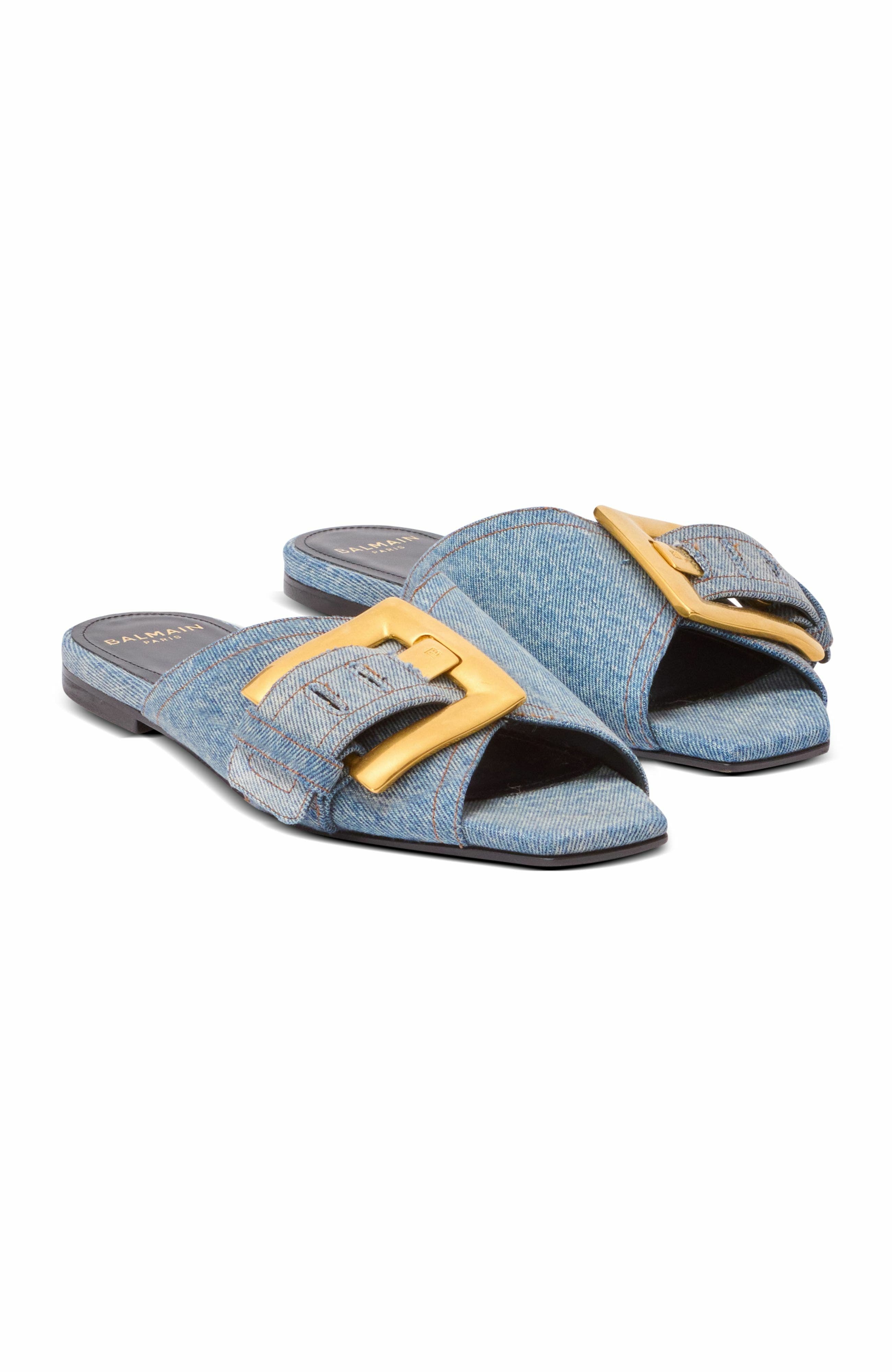 Balmain Anthem Flat Denim Sandals, Main, color, Blue