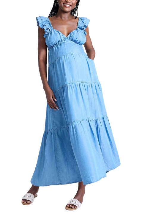 Ruffle Sleeve Tie-Back Maternity Maxi Dress