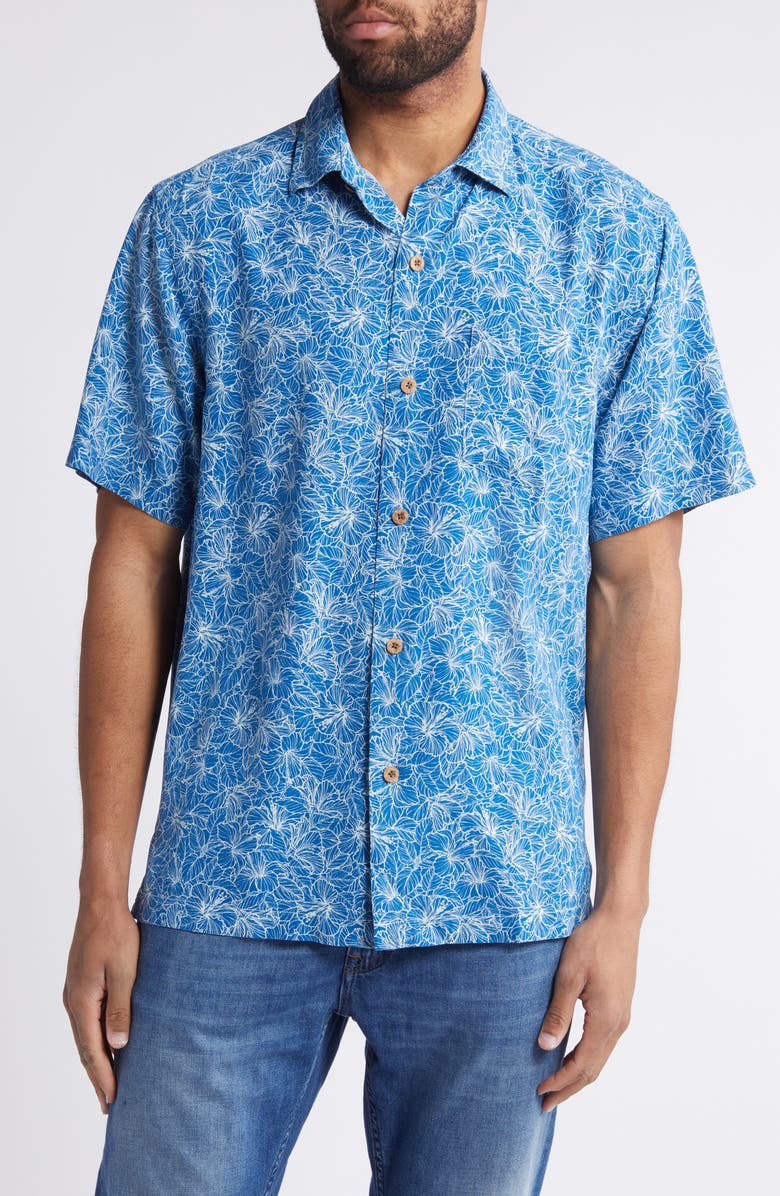 Tommy Bahama Hight Tide Hibiscus Print Short Sleeve Silk Button-Up Shirt, Main, color,