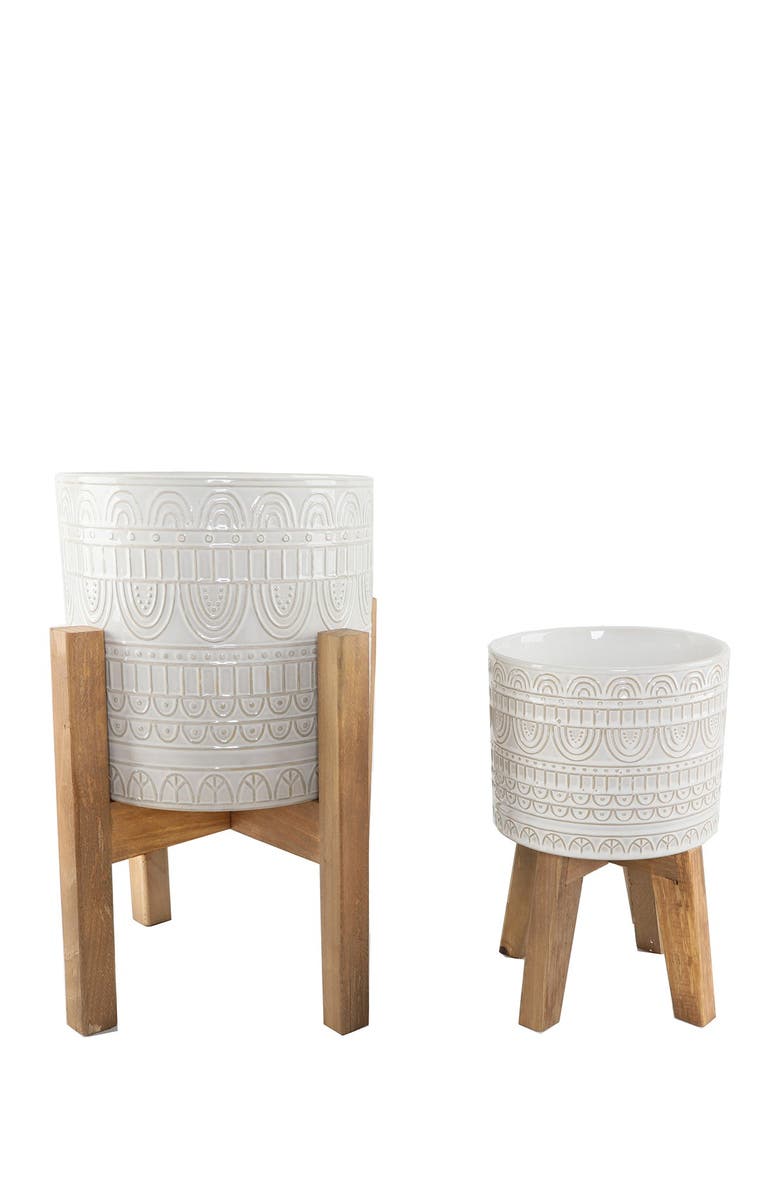 FLORA BUNDA 10" & 8" Aqueduct Ceramic Planter on Wood Stand - Set of 2, Main, color,