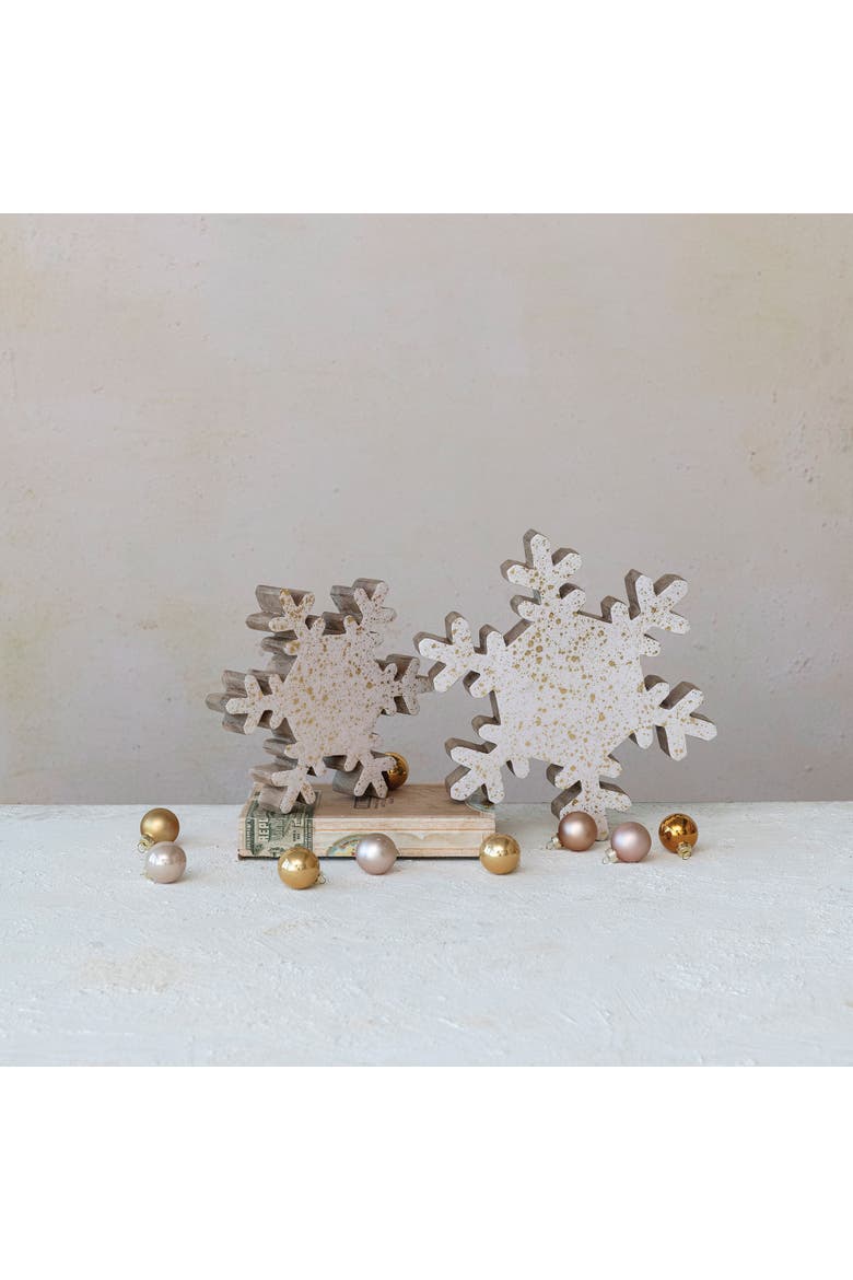Enameled Mango Wood Snowflake with Gold Splatter, Cream & Gold, Alternate, color, Gold & Cream