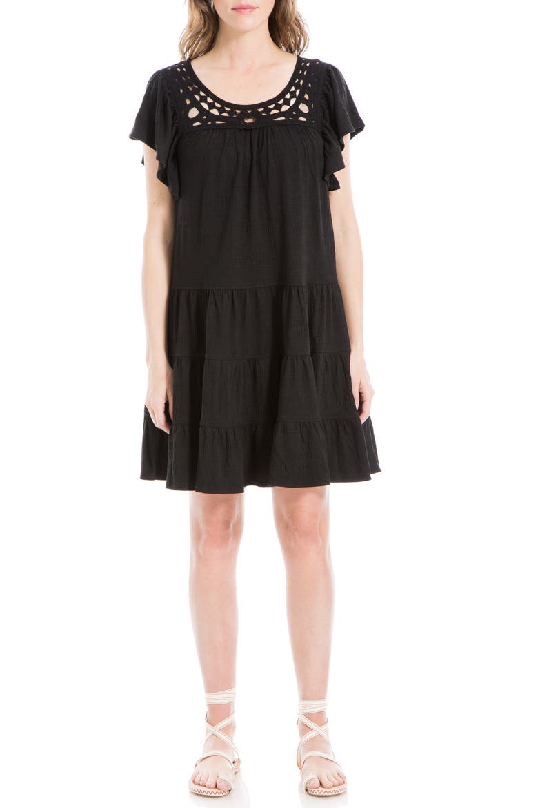 Crochet Trim Tiered Minidress, Main, color, BLACK-BLACK