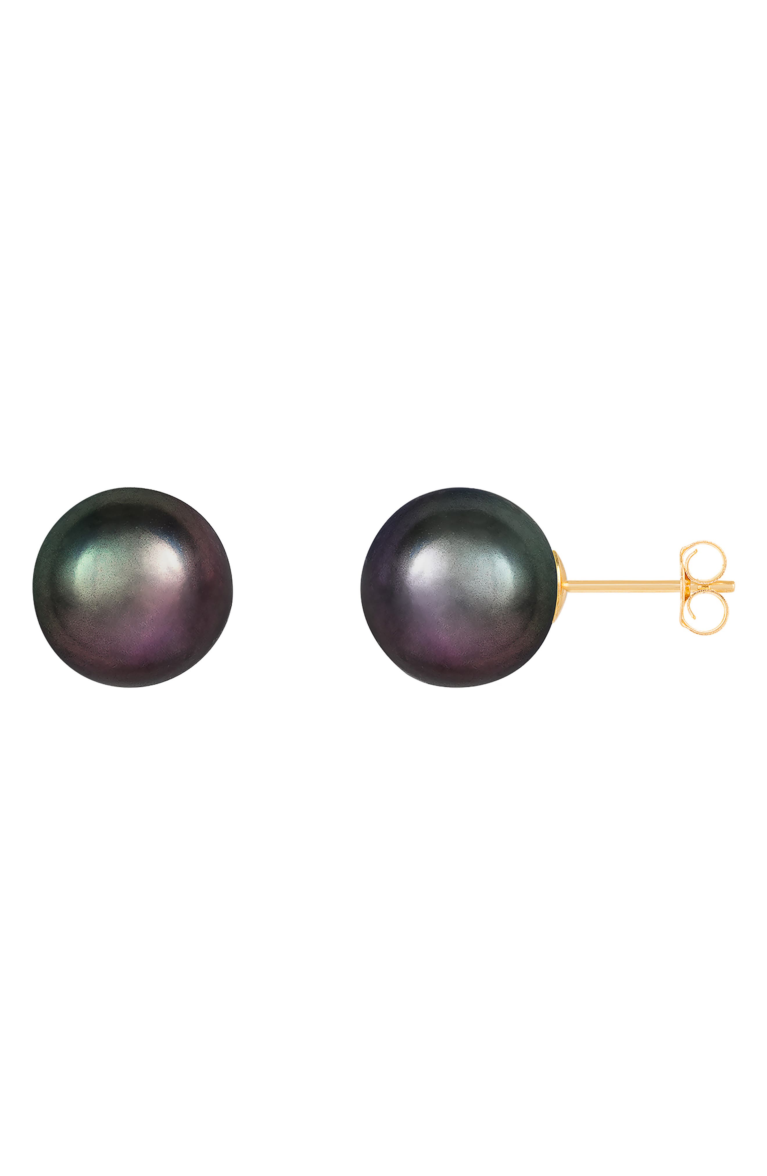 SPLENDID PEARLS 14K Gold 10-10.5mm Black Cultured Freshwater Pearl Stud Earrings