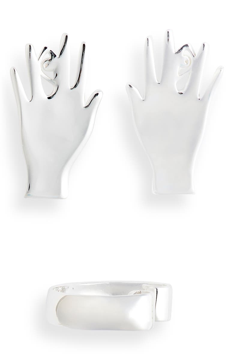 Billie Valentine Birds of Prey Billie Valentine Black Mask Hand Stud Earrings & Ear Cuff Set, Main, color,