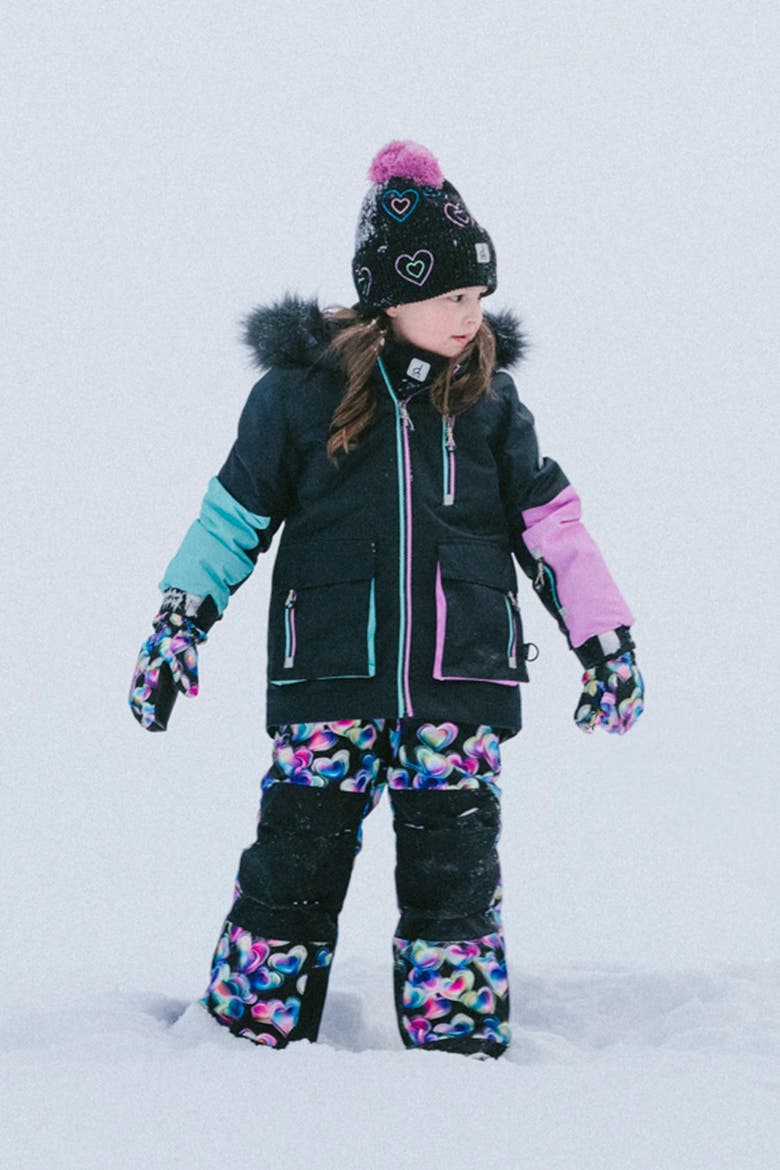 Play Colorblock Jacket & Heart Pants Two Piece Snowsuit, Alternate, color, Blue, Pink & Black Heart Print
