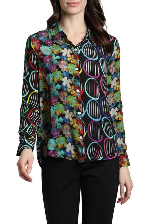 Abstract Print Roll Tab Sleeve Chiffon Button-Up Shirt
