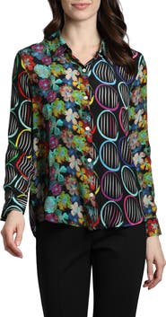 APNY Abstract Print Roll Tab Sleeve Chiffon Button-Up Shirt