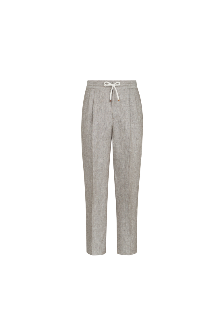 Linen and hemp diagonal trousers with drawstring and double pleats, Alternate, color, Light Grey