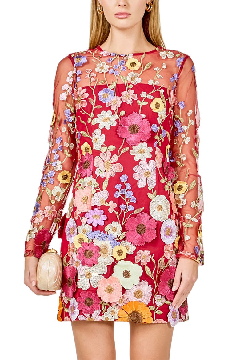 Floral Embroidered Long Sleeve Minidress, Alternate, color, MERLOT