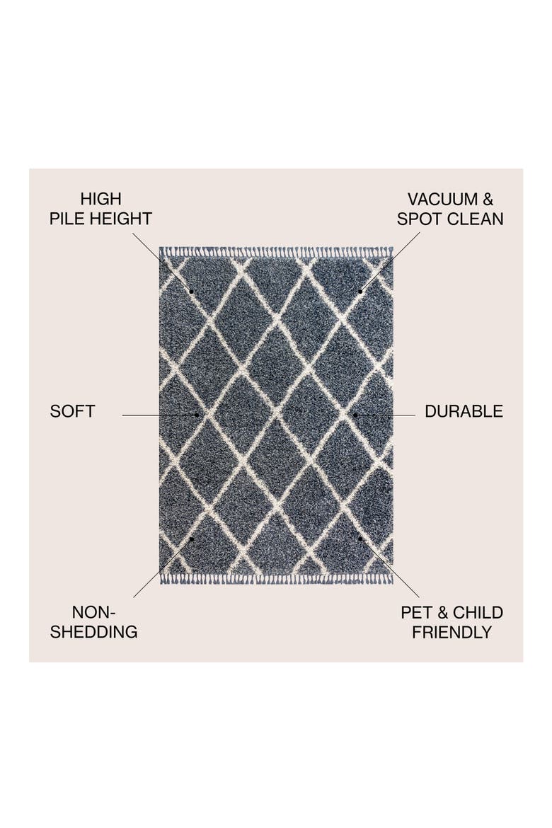 Mercer Shag Plush Tassel Moroccan Geometric Trellis Denim Area Rug, Alternate, color, Denim Blue/Cream