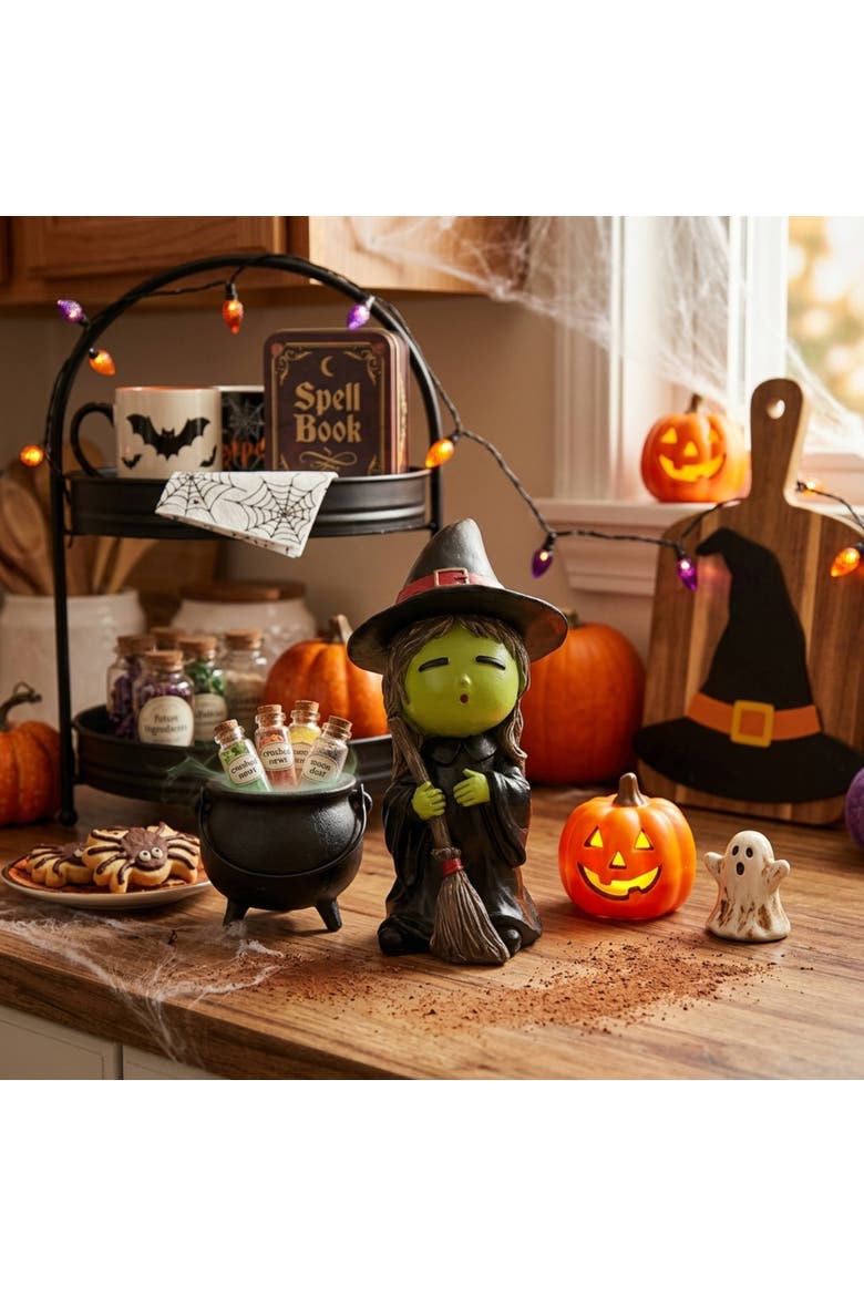 4.53" x 8.6" Happy Green Face Witch Decorative Halloween Figure Figurine, Alternate, color, Black