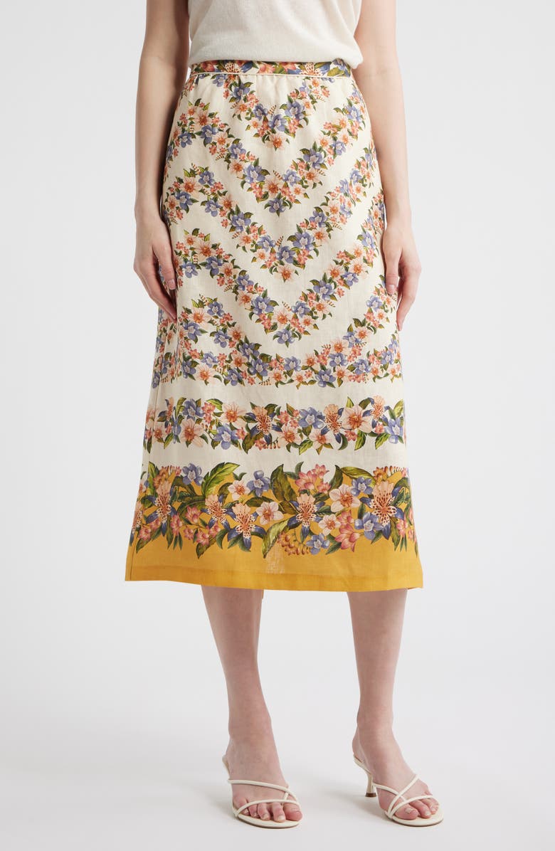 FARM Rio Floral Linen Midi Skirt, Main, color, Sand
