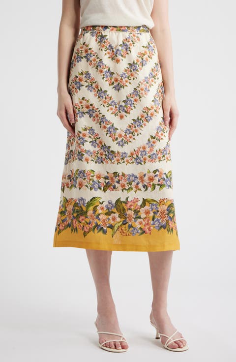Floral Linen Midi Skirt