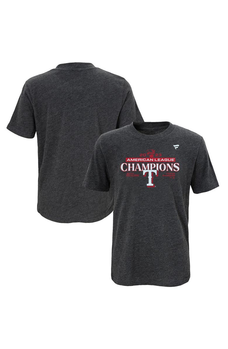 FANATICS Youth Fanatics Branded Heather Charcoal Texas Rangers 2023 American League Champions Locker Room T-Shirt, Alternate, color,