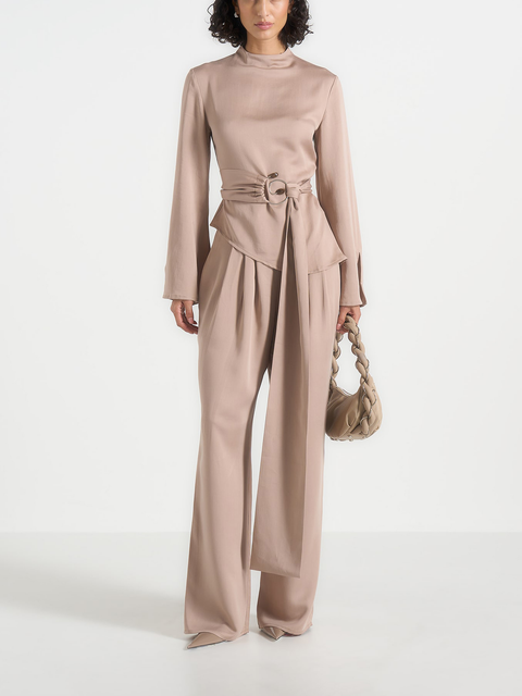 Aurore High Neck Pleated Jumpsuit With Wrap Waist