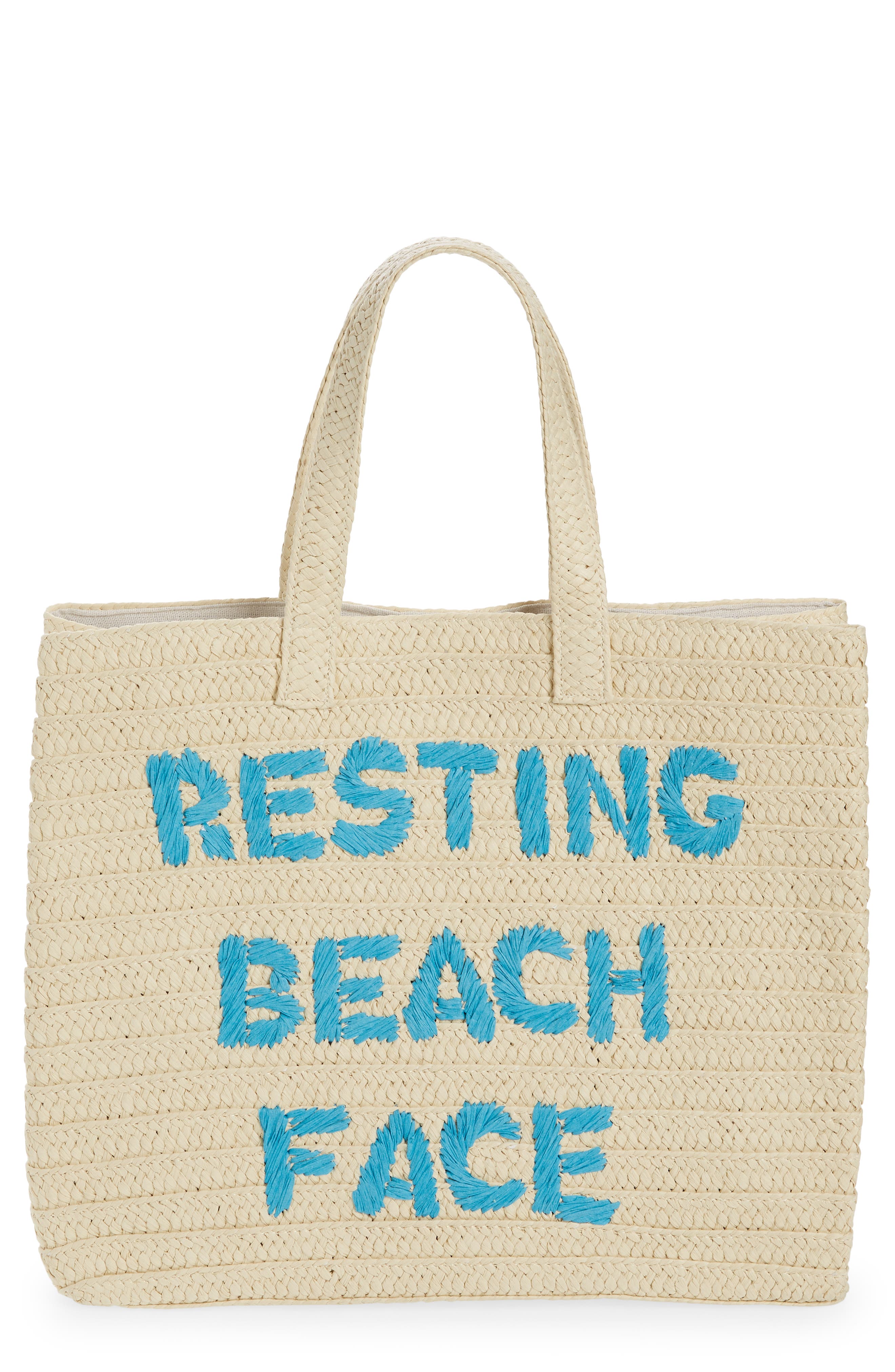 Resting Beach Face Straw Tote, Main, color, NATURAL/ TURQUOISE