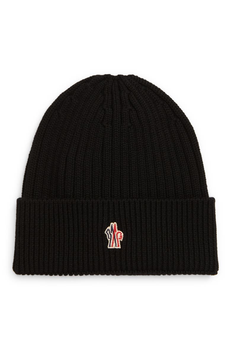 Embroidered Logo Rib Wool Beanie, Main, color, BLACK