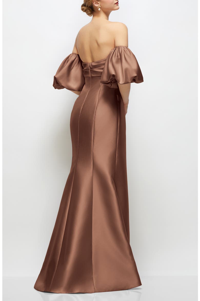 Off the Shoulder Puff Sleeve Satin Gown, Alternate, color, COGNAC