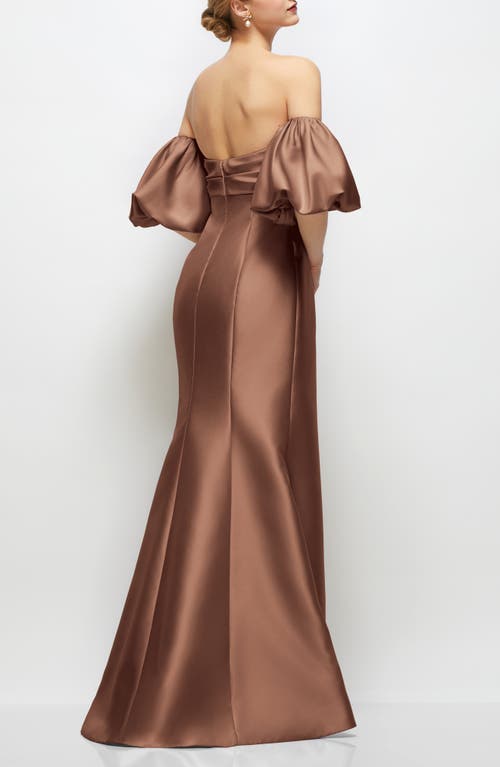 Alfred Sung Off The Shoulder Puff Sleeve Satin Gown In Brown