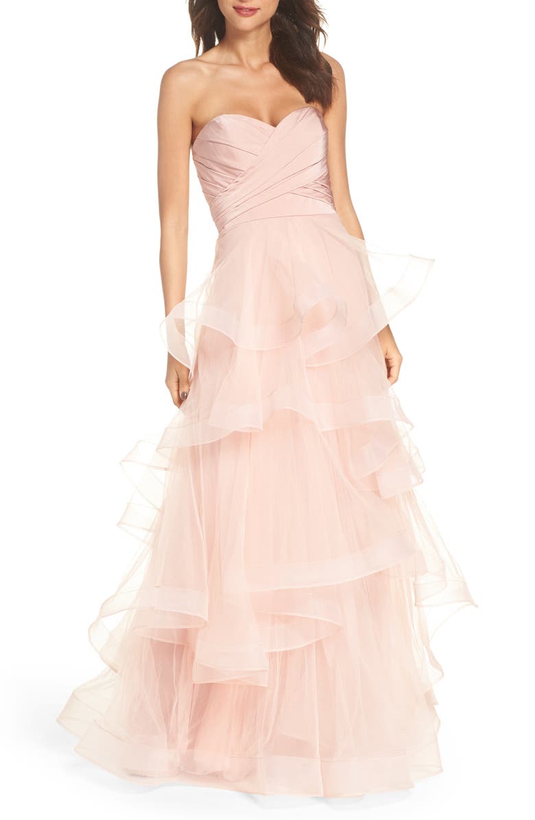 La Femme Strapless Layered Tulle Gown, Main, color,