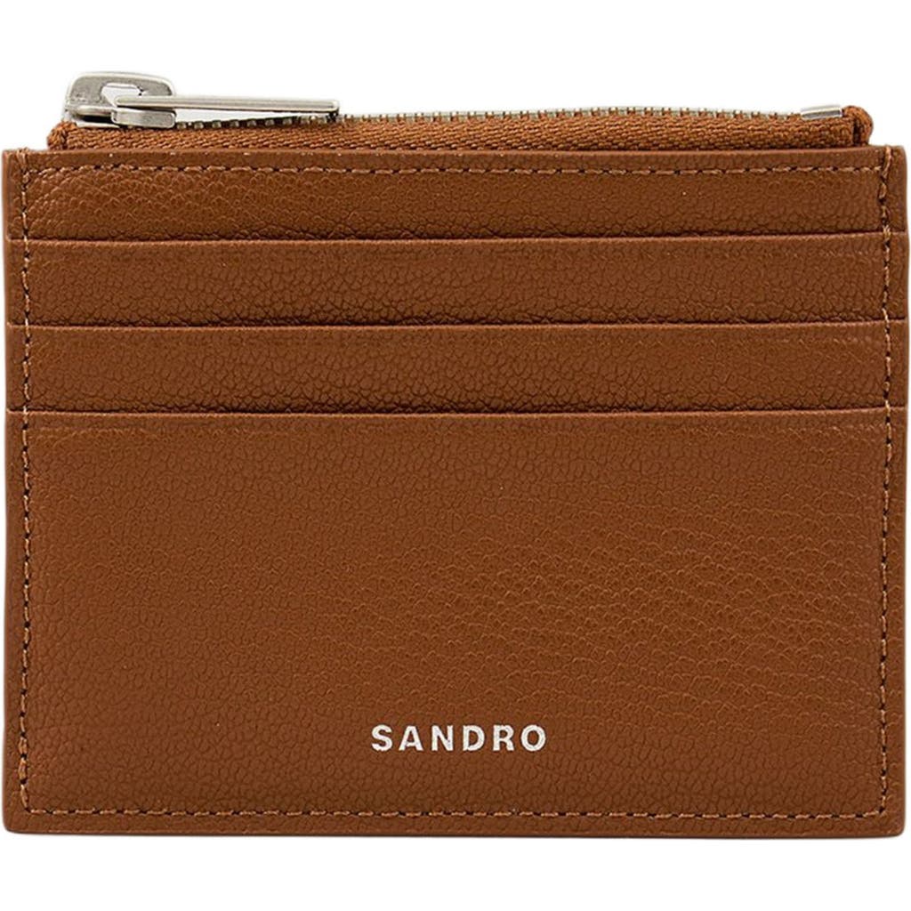 Sandro Mens Cognac Zipped Logo-embossed Leather Card Holder In Brown