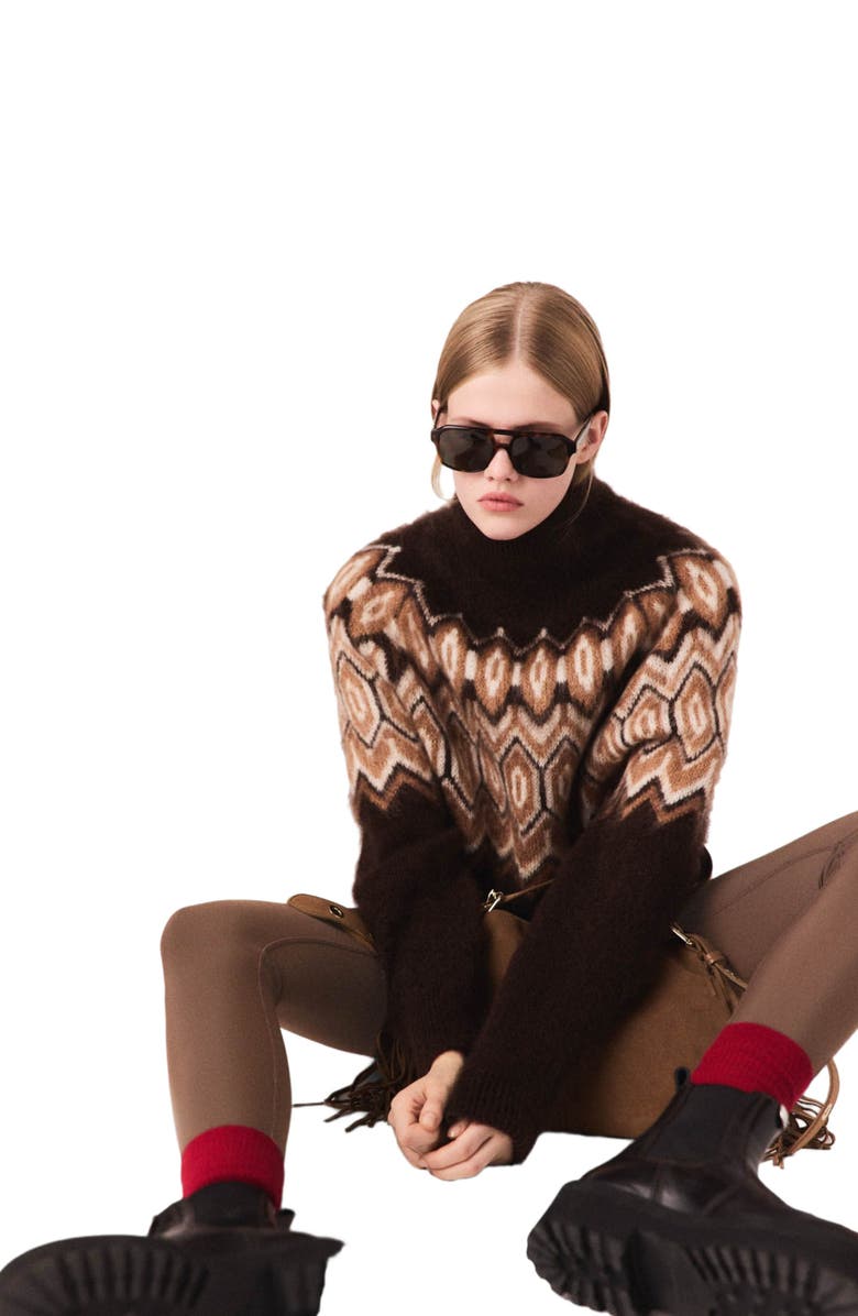 maje Fair Isle high-neck sweater, Alternate, color, Dark Brown