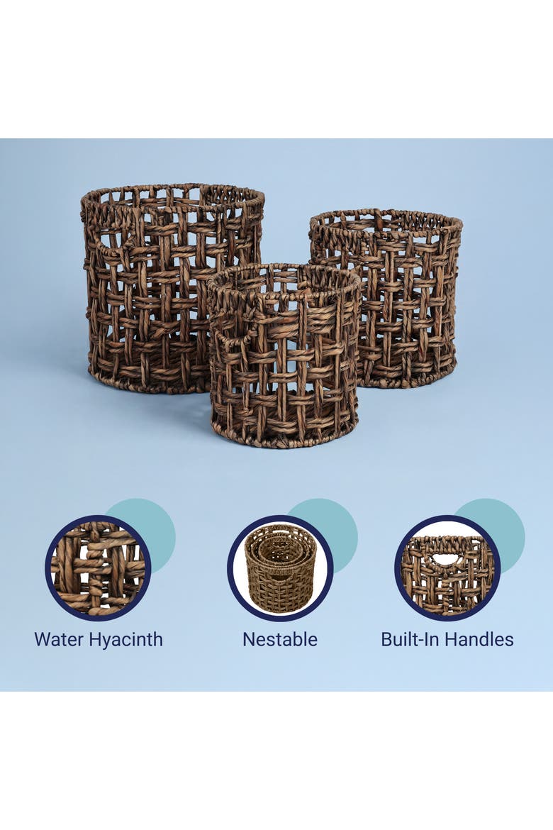 Lasuna Coastal Bohemian Water Hyacinth Handwoven Checker Weave Nesting Baskets with Handles, Alternate, color, Brown