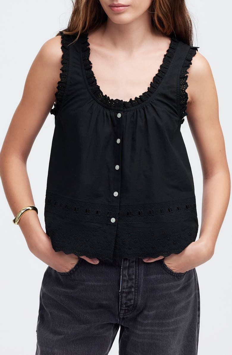 Madewell Embroidered Ruffle Trim Sleeveless Top, Main, color, Jet Black