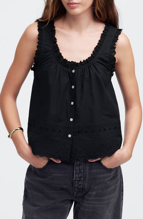 Embroidered Ruffle Trim Sleeveless Top