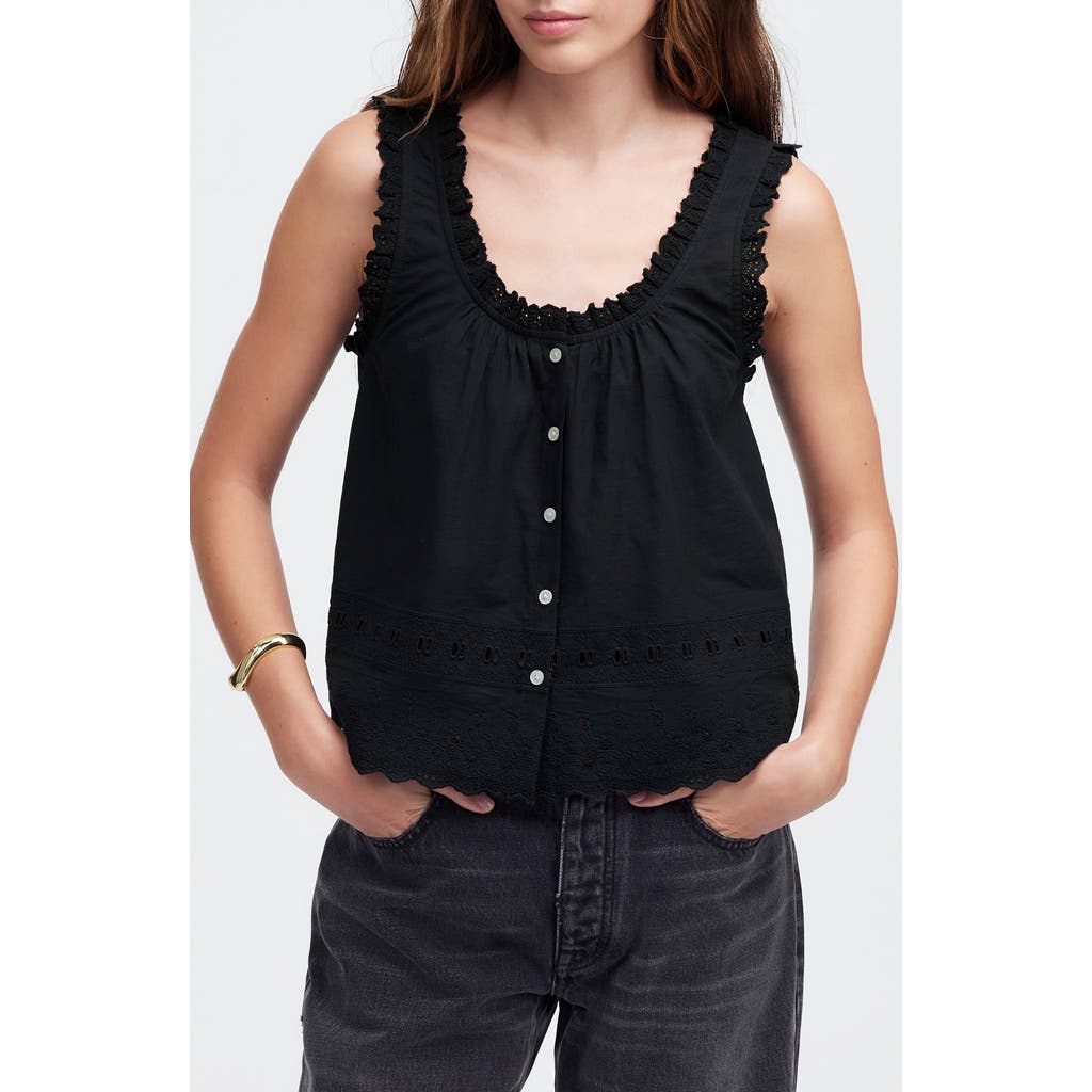 Shop Madewell Embroidered Ruffle Trim Sleeveless Top In Jet Black