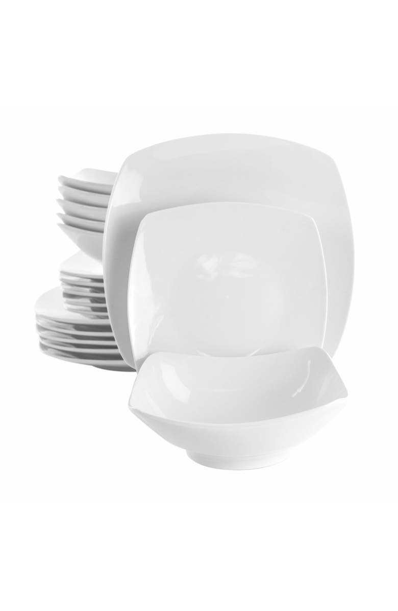 Elama Newman 18 Piece Square Porcelain Dinnerware Set, Main, color, White
