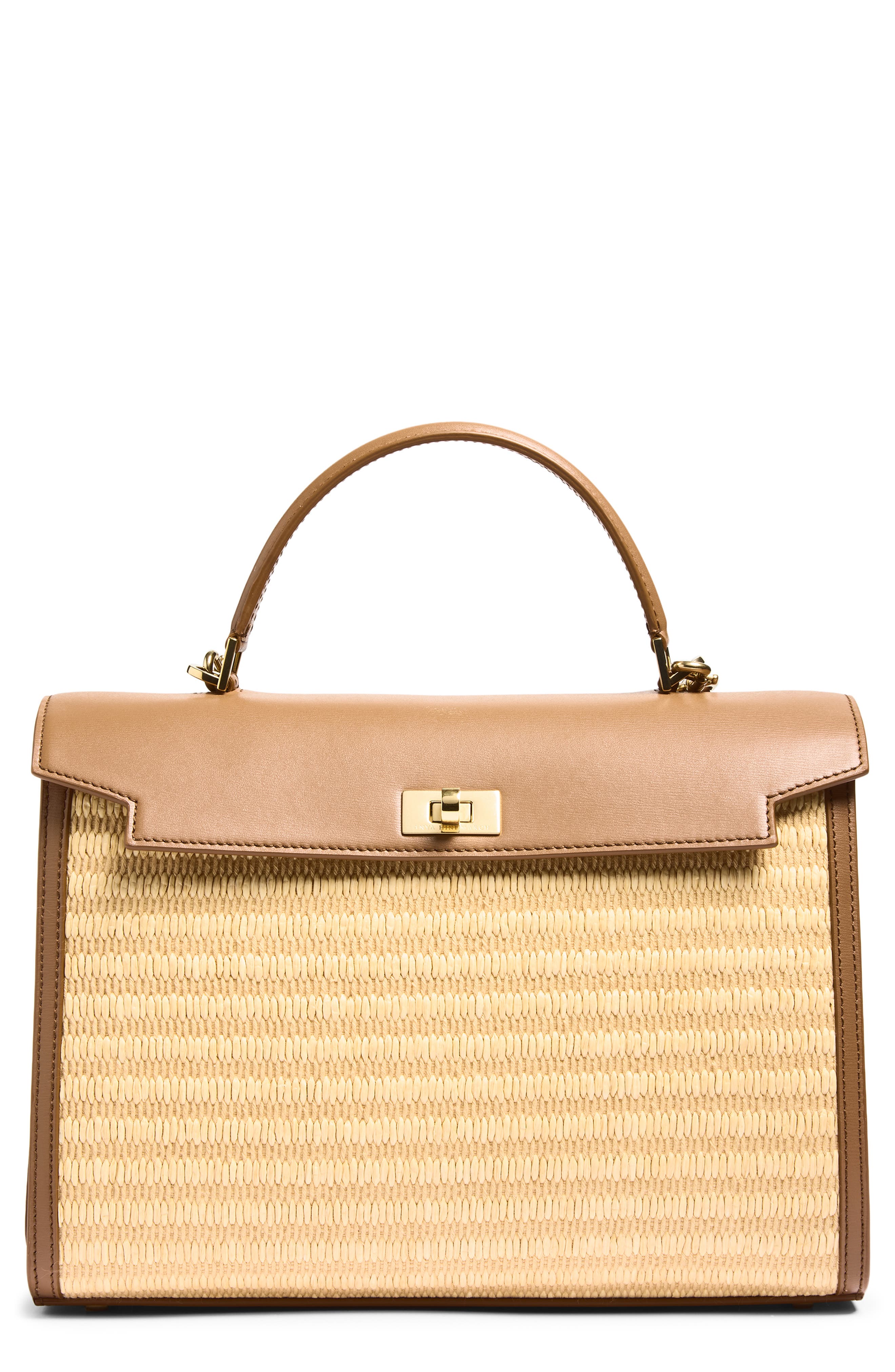 Anya Hindmarch Mortimer Leather & Raffia Top Handle Bag, Main, color, Pecan