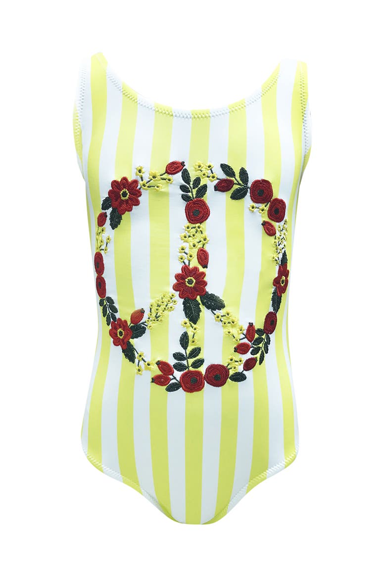 Floral Embroidered Peace Sign Striped One-Piece Swimsuit, Toddler, Little Kid & Big Kid, Main, color, Multicolor