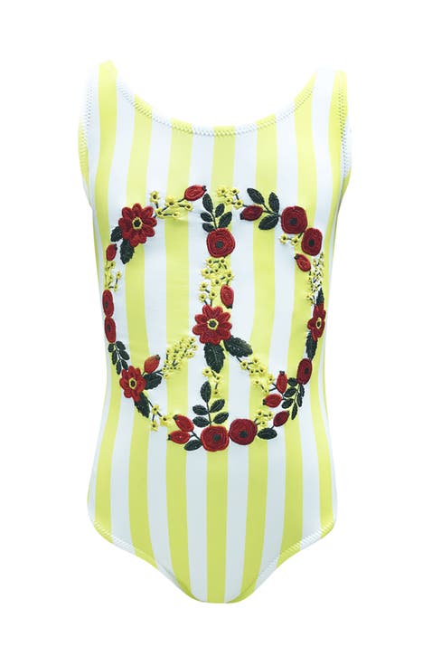 Floral Embroidered Peace Sign Striped One-Piece Swimsuit, Toddler, Little Kid & Big Kid