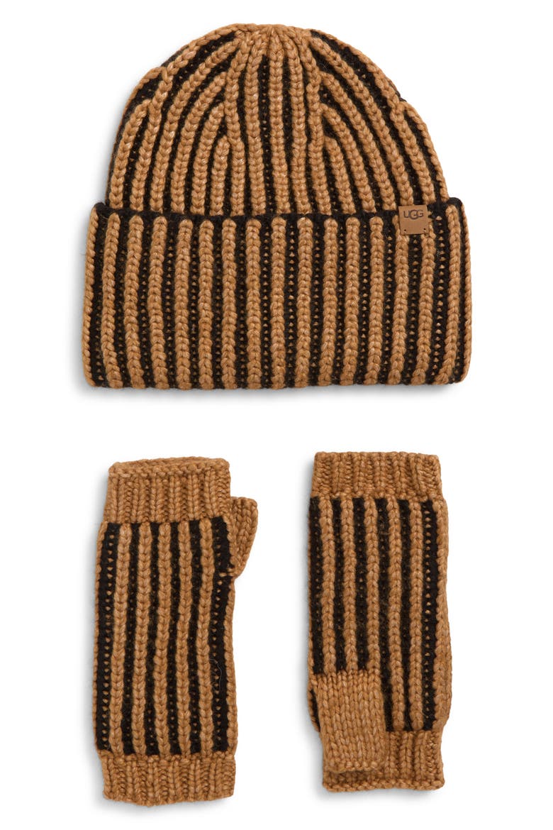 Chunky Plaited Beanie & Fingerless Mittens Set, Main, color, BLACK MULTI
