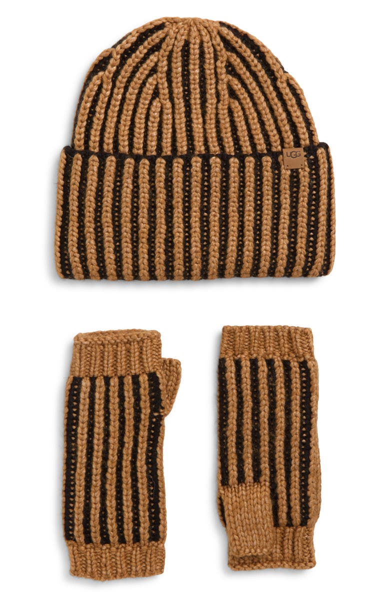 UGG<sup>®</sup> Chunky Plaited Beanie & Fingerless Mittens Set, Main, color, Black Multi