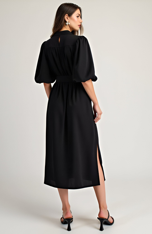 Modenaire Puff Sleeve Midi Dress With Belt In Black